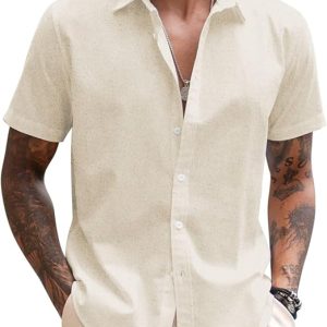 COOFANDY Mens Button Down Short Sleeve Beach Shirts Casual Summer Button Up Cruise Vacation Linen Shirt