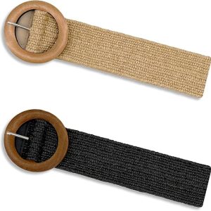 2/4 Pack Straw Woven Elastic Stretchy Waist Belts for Women, Fashion Boho Waist Belt Rattan Raffia Ladies Belts