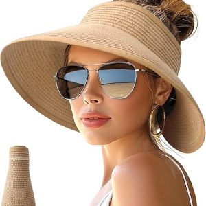 NPJY Sun Hats for Women Wide Brim Roll-Up Ponytail Packable Straw Visor | Wide Brim Hat with Open-Top Design, Packable & Foldable for Travel Beach Garden Gift