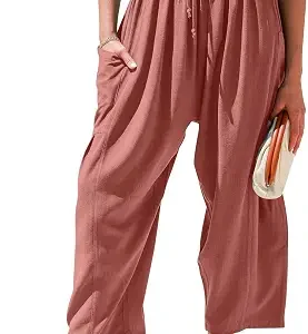 TARSE Womens Linen Wide Leg Pants Casual Palazzo Harem Pants with Pockets | Loose Fit Drawstring Baggy Pants, Casual Summer Pants, Lounge Barrel, Summer Beach Travel Vacation Trousers
