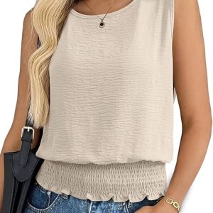 BLENCOT Summer Tank Tops for Women Sleeveless Casual Smocked Bottom Shirts | Womens Tops Dressy Casual Crewneck Sleeveless Shirts Slim Fit Banded Bottom Beach Shirts Trendy Basic Top