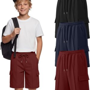 3 Pack Boys Cargo Shorts | Kids,Drawstring, Elastic Waist, Side Pockets, Active Shorts, Athletic, Summer, School, Comfortable, Baggy Fit