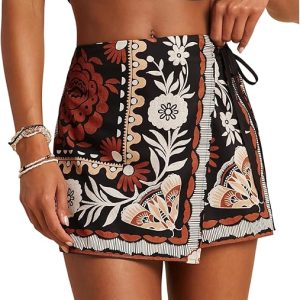 SweatyRocks Women's Boho Mini Skirts Floral Shorts Tie Side Wrap Skorts | Asymmetrical Western Skirts, Summer Beach Vacation Outfits, Festival Concert Outfits