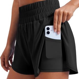 PINSPARK Women's 2 in 1 Running Shorts High-Split Athletic 3" Liner Short | Elastic High Waisted, Built-in Shorts, Quick Dry, Lightweight, 4-Way Stretch,Two Inner Pockets