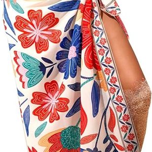 Women Sheer High Slit One Size Swimsuit Coverup Sarong Chiffon Wrap | Floral Print Bathing Suit Cover Up, Size: 55"× 45", Tie Side, Lightweight Swimwear, Beach Vacation Outfits, Cruise Essentials