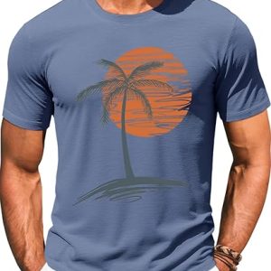 Runcati Mens Short Sleeve T-Shirts Graphic Crew Neck Shirt Printed Tees | Casual, Summer Beach, Sunset Palm Tree, Vintage Hawaiian Tees