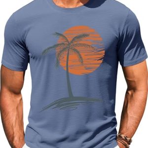Runcati Mens Short Sleeve T-Shirts Graphic Crew Neck Shirt Printed Tees | Casual, Summer Beach, Sunset Palm Tree, Vintage Hawaiian Tees
