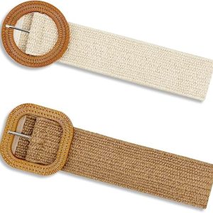 2/4 Pack Straw Woven Elastic Stretchy Waist Belts for Women, Fashion Boho Waist Belt Rattan Raffia Ladies Belts