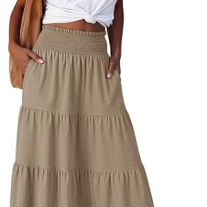 ANRABESS Womens Maxi Skirts, Elastic High Waist A-Line Tiered, Long Flowy Boho Skirts, Summer Casual Beach & Vacation Wear