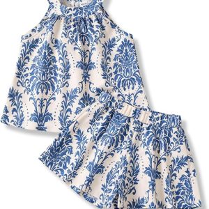 Girls Summer Outfits 2 Piece Halter Neck Floral Sleeveless Top and Short Pants Set Clothes for Kids Size 4-8 Years