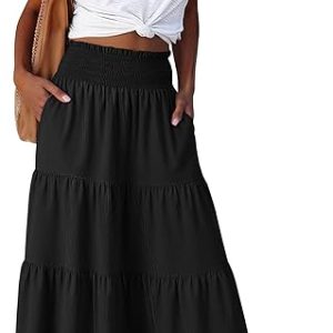 ANRABESS Womens Maxi Skirts, Elastic High Waist A-Line Tiered, Long Flowy Boho Skirts, Summer Casual Beach & Vacation Wear