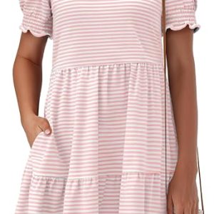 ANRABESS Women Summer Square Neck Puff Short Sleeve Mini Dress 2026 Casual Flowy Sundress Beach Vacation Clothes with Pockets