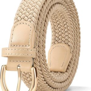 JASGOOD Braided Belt for Women, Elastic Stretch Woven Golf Fabric Cloth Thin Waist Belt for Jeans Pants,Gold Buckle