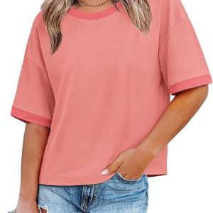 WIHOLL Womens T Shirts Loose Fit Short Half Sleeve Crew Neck Oversized Tshirts Color Block Summer Tops Fashion 2026