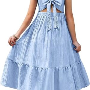 Arshiner Girls Summer Tie Back Dress Tween Boho Maxi Dresses with Pockets | Casual, Square Neck, Flutter Sleeve