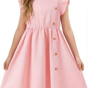 Girls Dress Summer Solid Cute Casual Kids Dresses Flutter Sleeve Swing Twirly Tween Sundress Beach Party Outfit 4-12Y