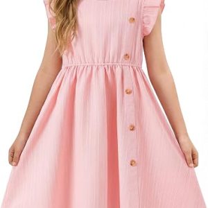 Girls Dress Summer Solid Cute Casual Kids Dresses Flutter Sleeve Swing Twirly Tween Sundress Beach Party Outfit 4-12Y