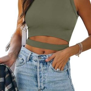 ANRABESS Women Tank Tops High Neck Sleeveless Sexy Cutout Racer Back Going Out Crop Tops Shirts Summer Y2K Outfits