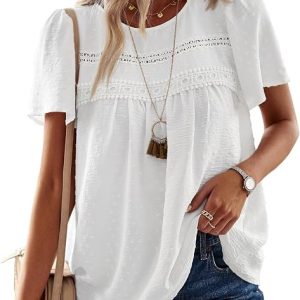 Falechay Womens Summer Tops Flowy Boho Dressy Casual Short Sleeve Shirts | Crewneck Loose Fit Blouses, Business Work, Hide Belly Fat, Lace Hem Ladies Tunic, Swiss Dot, Babydoll Crochet Trendy Clothes