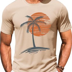 Runcati Mens Short Sleeve T-Shirts Graphic Crew Neck Shirt Printed Tees | Casual, Summer Beach, Sunset Palm Tree, Vintage Hawaiian Tees