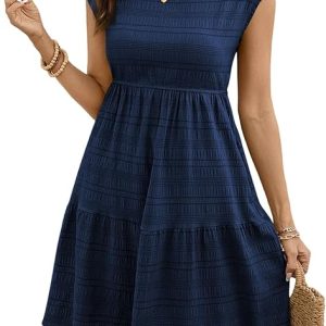 SHEWIN Summer Casual Mini Dresses for Women | Lightweight, Textured, Cap Sleeves, with Pockets, Boho Sundress