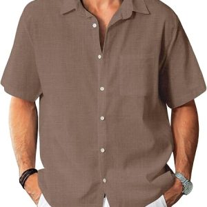 KYKU Men's Cotton Linen Shirts Casual Men Short Sleeve Button Down Shirts | with Pocket, Untucked, Solid, Breathable, Lightweight, Summer, Business Casual, Beach Wedding, Camp, Vacation, Party, Work