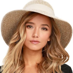 FURTALK Womens Beach Sun Straw Hat Wide Brim UV Protection Travel Hat | Premium Paper Straw, Foldable Travel Design, Adjustable Sweatband, Windproof Chin Strap, Ideal For Beach Vacation