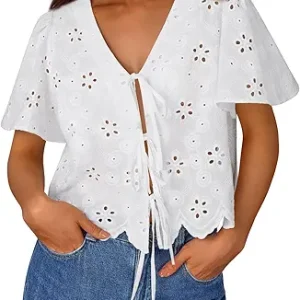 Trendy Queen Womens Summer Tops Cotton Tie Front Blouses | Bohemian Style, Crop Cute Teacher Outfits, Flowy Top, Beach Vacation Outfits 2026, Eyelet Embroidered Clothes for Campus Life