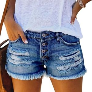 Women’s Ripped Mid Rise Denim Shorts Stretchy Casual Raw Hem Summer hot Jean Shorts