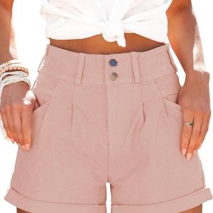 Womens Relaxed Fit Casual High Waist Pocketed Denim Shorts