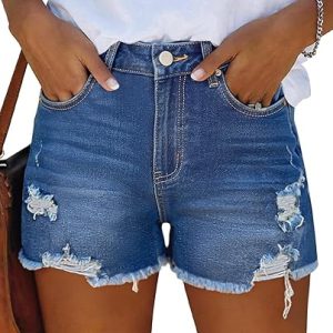 Bosmeer Jean Shorts for Women Casual Mid-Waisted Distressed Stretchy Denim Short Ripped Frayed Hem Summer Jorts