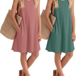 2 Pack Girls' Summer Tank Dresses | Kids Sleeveless Tank Dress, Summer Crew Neck Sundress, Loose Fit Casual, Beach Back to School, with Pockets, for 5-14 Years