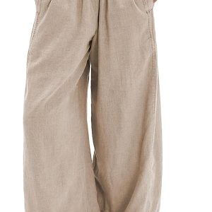 Songling Wide Leg Linen Pants for Women Summer Cotton Casual Palazzo Pant Boho Flowy Beach Pants with Pockets