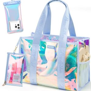 Bagstellar Iridescent Beach Bag, Jelly Tote Bag with Phone Pouch Makeup Bag | Large Beach Bags Waterproof Sandproof, Zipper Beach Tote Clear Pool Swim Boat Bag for Women Summer Travel Cruise Essentials