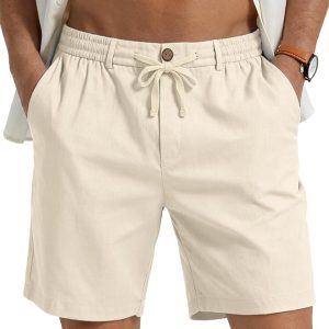 PLEPAN Men's Casual Linen Dress Shorts - 7-Inch Inseam | 7‑inch Dress Shorts with Elastic Waist & Drawstring, Summer Beach Vacation Short, Lightweight & Breathable