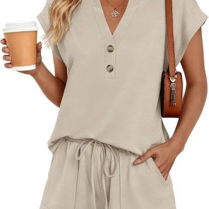 LILLUSORY Womens 2 Piece Summer Short Sets 2026 Matching Lounge Wear Outfit | Cap Sleeve Henley Top & Drawstring Shorts with Pockets, Casual Vacation Cruise Resort Spring Beach Airport Travel Sweat Suits