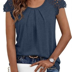 AUTOMET Women Lace Pleated Short Sleeve Shirts Summer Casual Dressy Blouses | Business Work Office Spring Outfits, Ladies Cute Trendy Tshirt, Fashion Sleeveless Clothes,Plus Size Beach Clothing