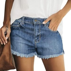 luvamia Jean Shorts for Women Trendy Mid Rise Stretchy Cut Off Denim Shorts Distressed Frayed Summer Casual Non Ripped