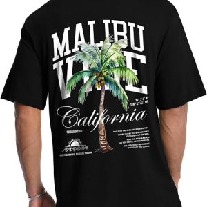 Aiyino Mens Malibu Vibe Palm Tree California Casual Short Sleeve T-Shirt | Perfect for Surf Travel Great for Beach Lovers West Coast Fans.