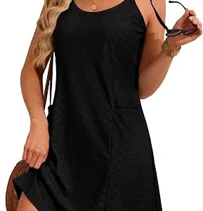 Womens 2026 Summer Eyelet Mini Swimsuit Coverup Loose Beach Cover Up Sundresses with Pockets