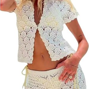 GORGLITTER Women's Crochet 2 Piece Short Sets Button Up Cardigan and Shorts | White Outfit, Vacation Beach Summer Matching Sets, Short Sleeve, Button Up Top, Knit Fall Fashion