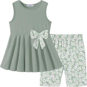 Arshiner Toddler Girl Summer Clothes Sleeveless Top Dress Bike Shorts Set | Girls 2 piece summer outfits,Bow sleeveless shirt dress and floral bike short sets,Soft skin-friendly for girls 2-10Years