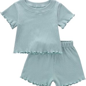 Toddler Baby Girl Summer Clothes Ribbed Knit Cotton Cute Summer Outfits Short Sleeves 2 Pieces Shorts Set 12M - 5T