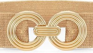 Waist Wow Straw Woven Elastic Belt for Women Fashion Wide Belts Stretchy Boho Belt Ladies Beach Dress Belt with Gold Buckle