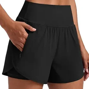 PINSPARK Women's 2 in 1 High Waisted Athletic Running Shorts 2 Zip Pockets | 3'' Inseam Dolphin Hem Workout Shorts, Quick Dry Gym Short, Elastic Biker Liner, Exercise/Fitness/Tennis