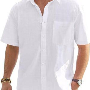 J.VER Mens Linen Shirt Short Sleeve Button Down Casual Summer Shirts | Cotton Linen, Untucked, Big Tall, from Beach Camp Vacation, Cruise Fishing, Work Office, to Wedding Party Family, with Pocket