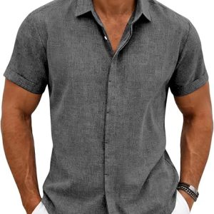 Men's Textured Linen Short Sleeve Button Down Shirt Slim Fit | 65% rayon 35% linen blend, breathable quick dry wrinkle resistant, cuffed sleeves curved hem, beach vacation wedding casual