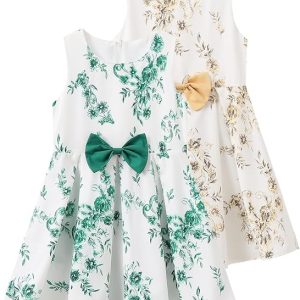 Girls Floral Bow Sleeveless A-line Princess Party Dress 3-14Y | Floral Print Bow Accent, Sleeveless A-line Silhouette, Elegant Princess Party Dress, Fits Girls 3-14 Years Old