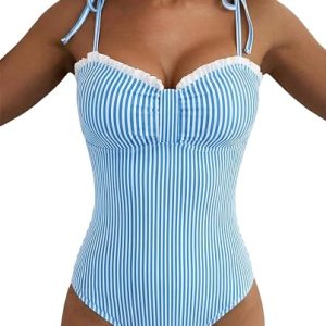 Women's Striped Tie Shoulder One Piece Swimsuits High Cut Swimwear | Tummy Control Bathing Suit, Ruffled Trim, Chic Sweetheart Neck, Removable Pad, Beach Vacation, Cruise Essentials
