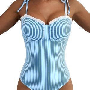 Women's Striped Tie Shoulder One Piece Swimsuits High Cut Swimwear | Tummy Control Bathing Suit, Ruffled Trim, Chic Sweetheart Neck, Removable Pad, Beach Vacation, Cruise Essentials